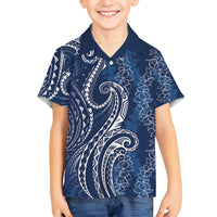 Polynesia Plumeria Lei Family Matching Summer Maxi Dress and Hawaiian Shirt Navy Blue Curves Motif LT7 Son's Shirt Navy Blue - Polynesian Pride