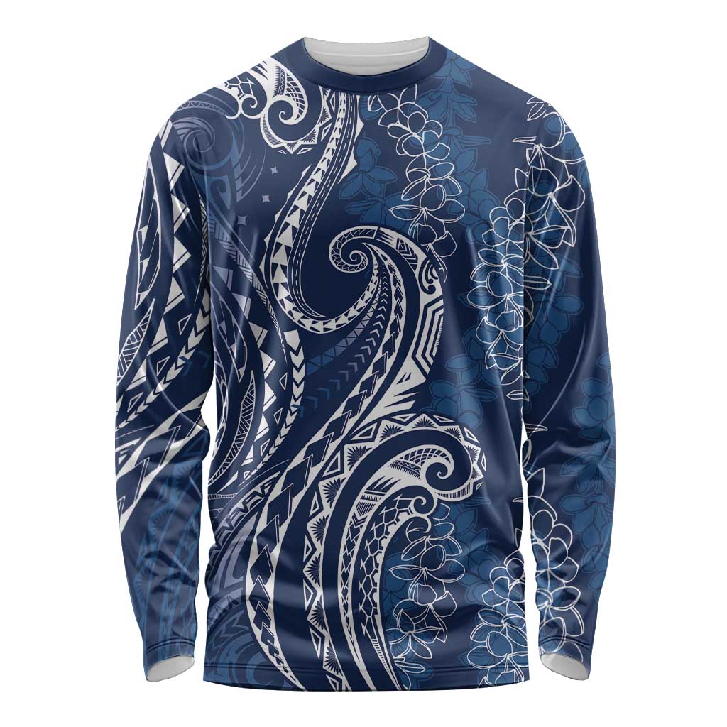 Polynesia Plumeria Lei Long Sleeve Shirt Navy Blue Curves Motif