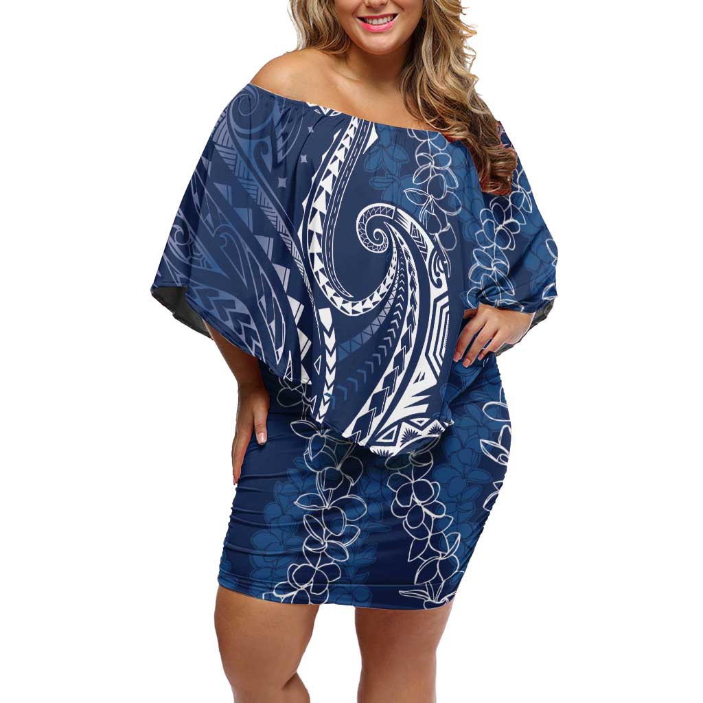 Polynesia Plumeria Lei Off Shoulder Short Dress Navy Blue Curves Motif LT7 Women Navy Blue - Polynesian Pride