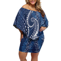 Polynesia Plumeria Lei Off Shoulder Short Dress Navy Blue Curves Motif LT7 Women Navy Blue - Polynesian Pride