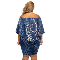 Polynesia Plumeria Lei Off Shoulder Short Dress Navy Blue Curves Motif LT7 - Polynesian Pride