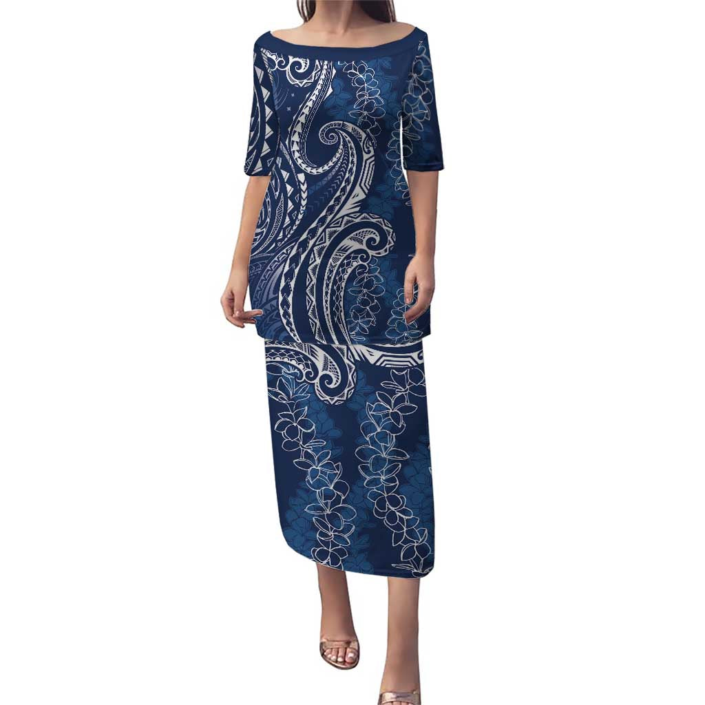 Polynesia Plumeria Lei Puletasi Navy Blue Curves Motif