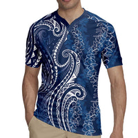Polynesia Plumeria Lei Rugby Jersey Navy Blue Curves Motif