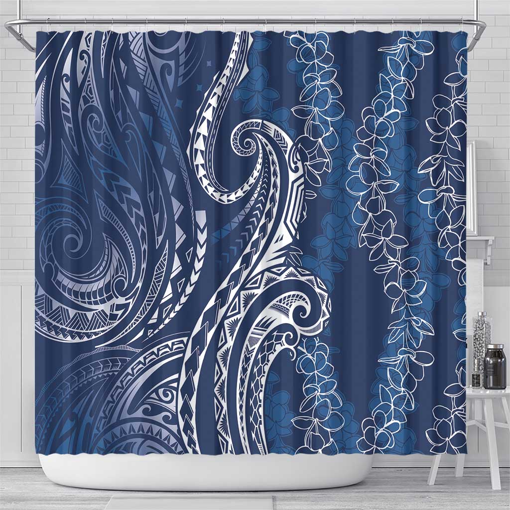 Polynesia Plumeria Lei Shower Curtain Navy Blue Curves Motif LT7 - Polynesian Pride