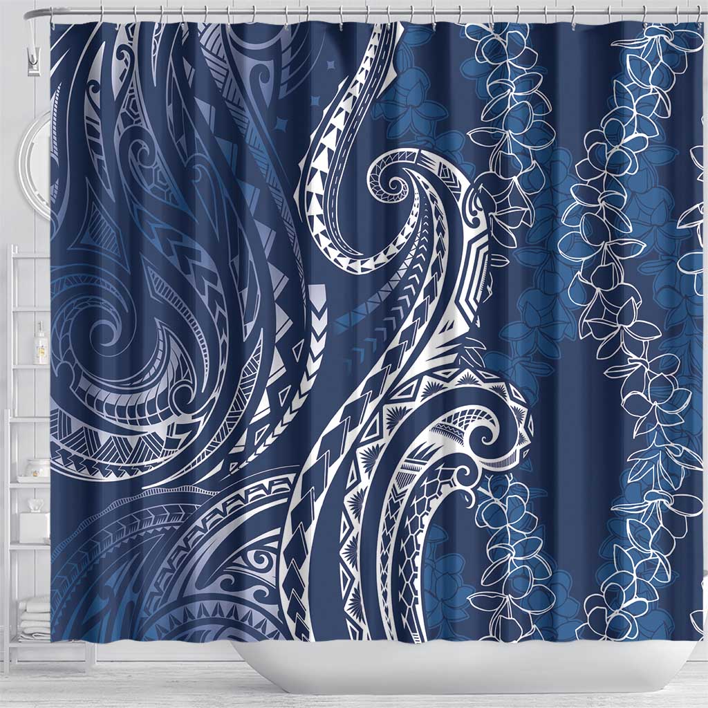 Polynesia Plumeria Lei Shower Curtain Navy Blue Curves Motif LT7 - Polynesian Pride