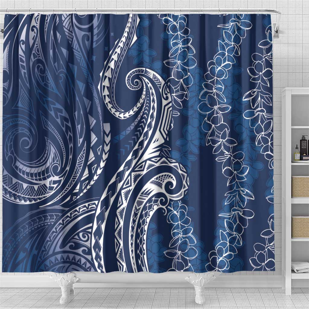 Polynesia Plumeria Lei Shower Curtain Navy Blue Curves Motif LT7 - Polynesian Pride