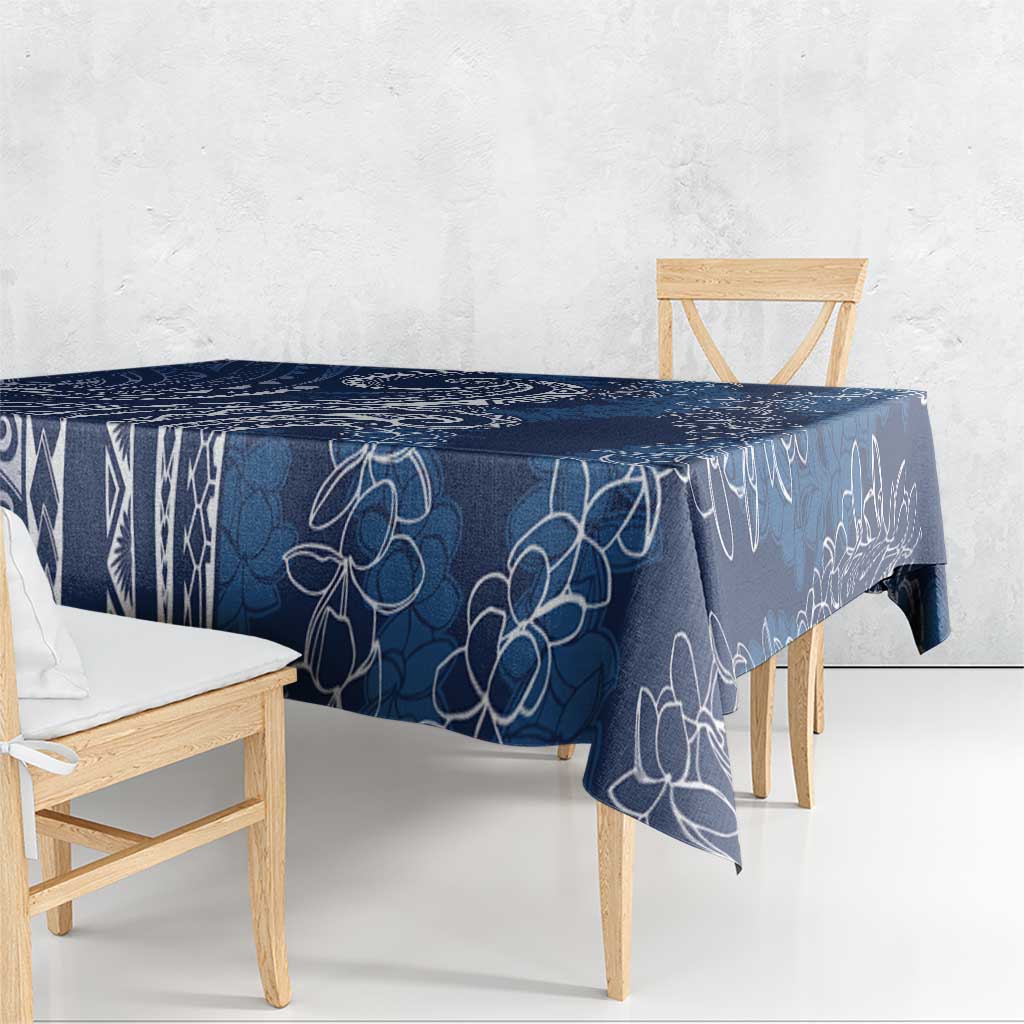 Polynesia Plumeria Lei Tablecloth Navy Blue Curves Motif