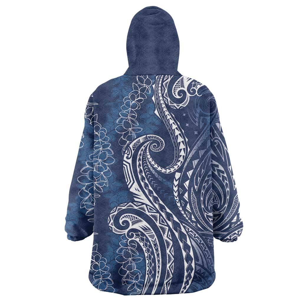 Polynesia Plumeria Lei Wearable Blanket Hoodie Navy Blue Curves Motif LT7 - Polynesian Pride
