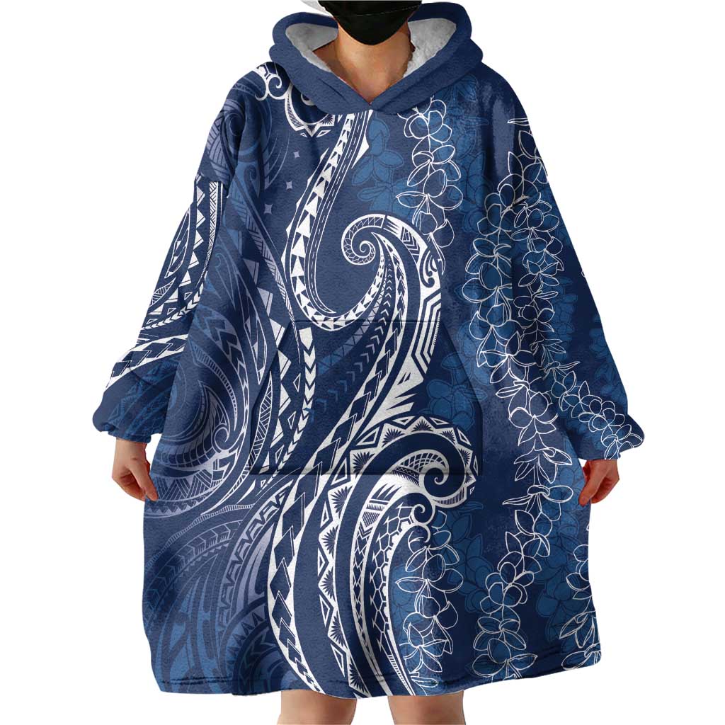 Polynesia Plumeria Lei Wearable Blanket Hoodie Navy Blue Curves Motif LT7 - Polynesian Pride