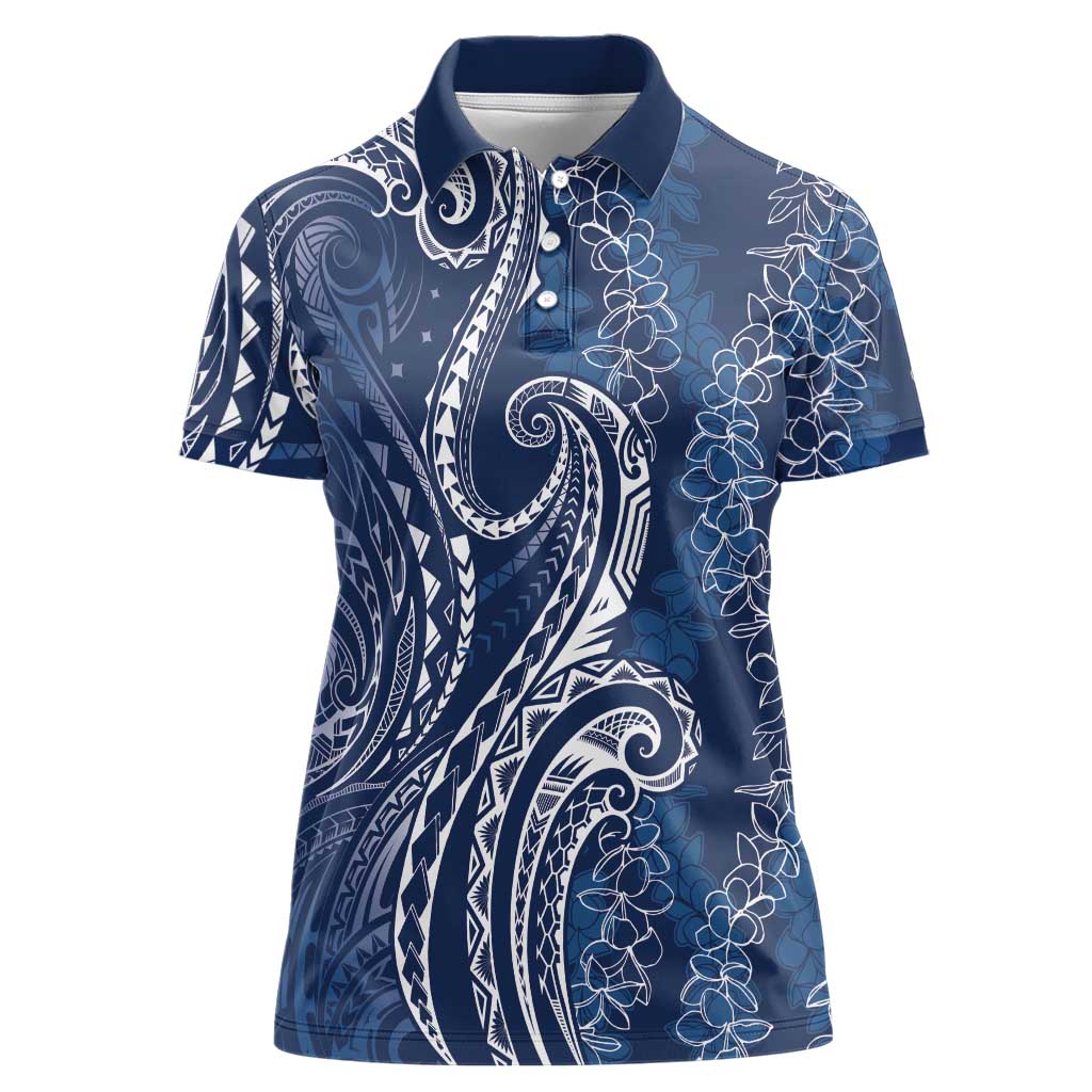 Polynesia Plumeria Lei Women Polo Shirt Navy Blue Curves Motif