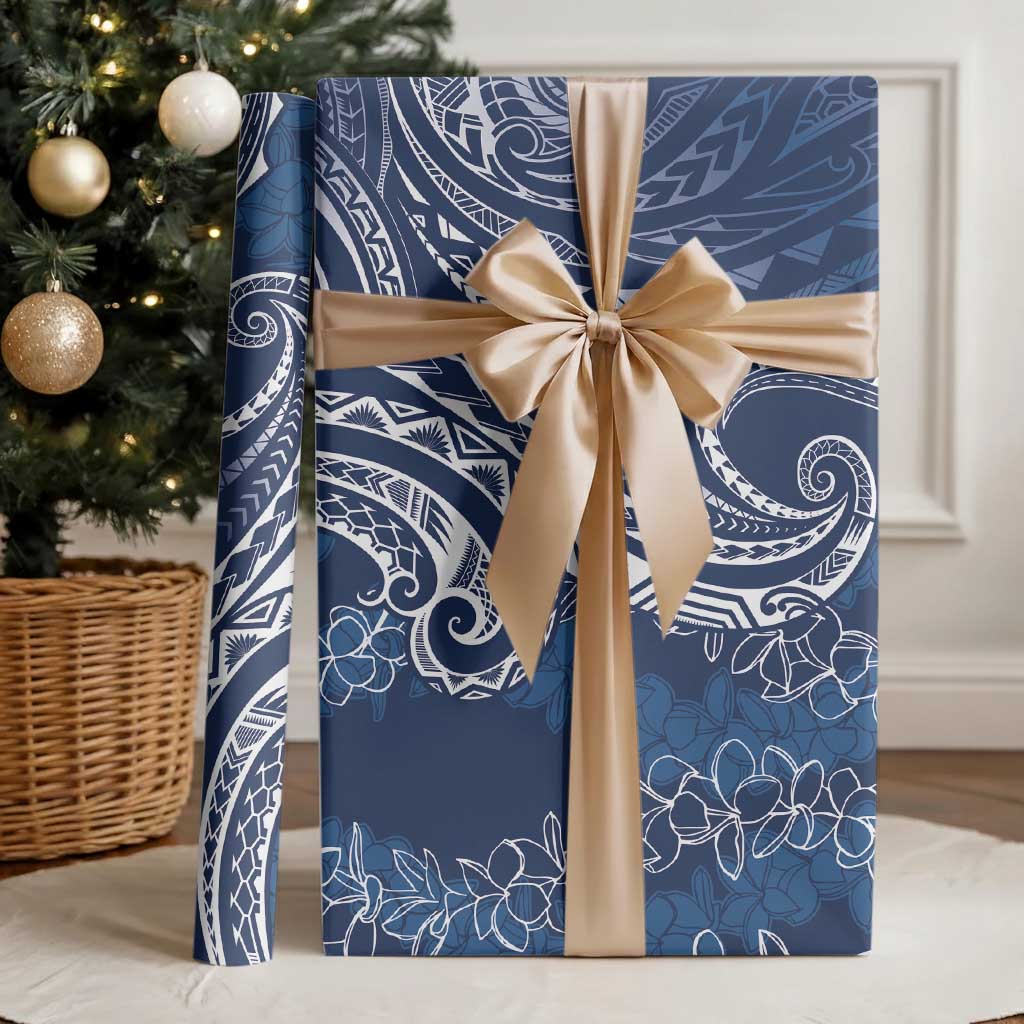 Polynesia Plumeria Lei Wrapping Paper Navy Blue Curves Motif