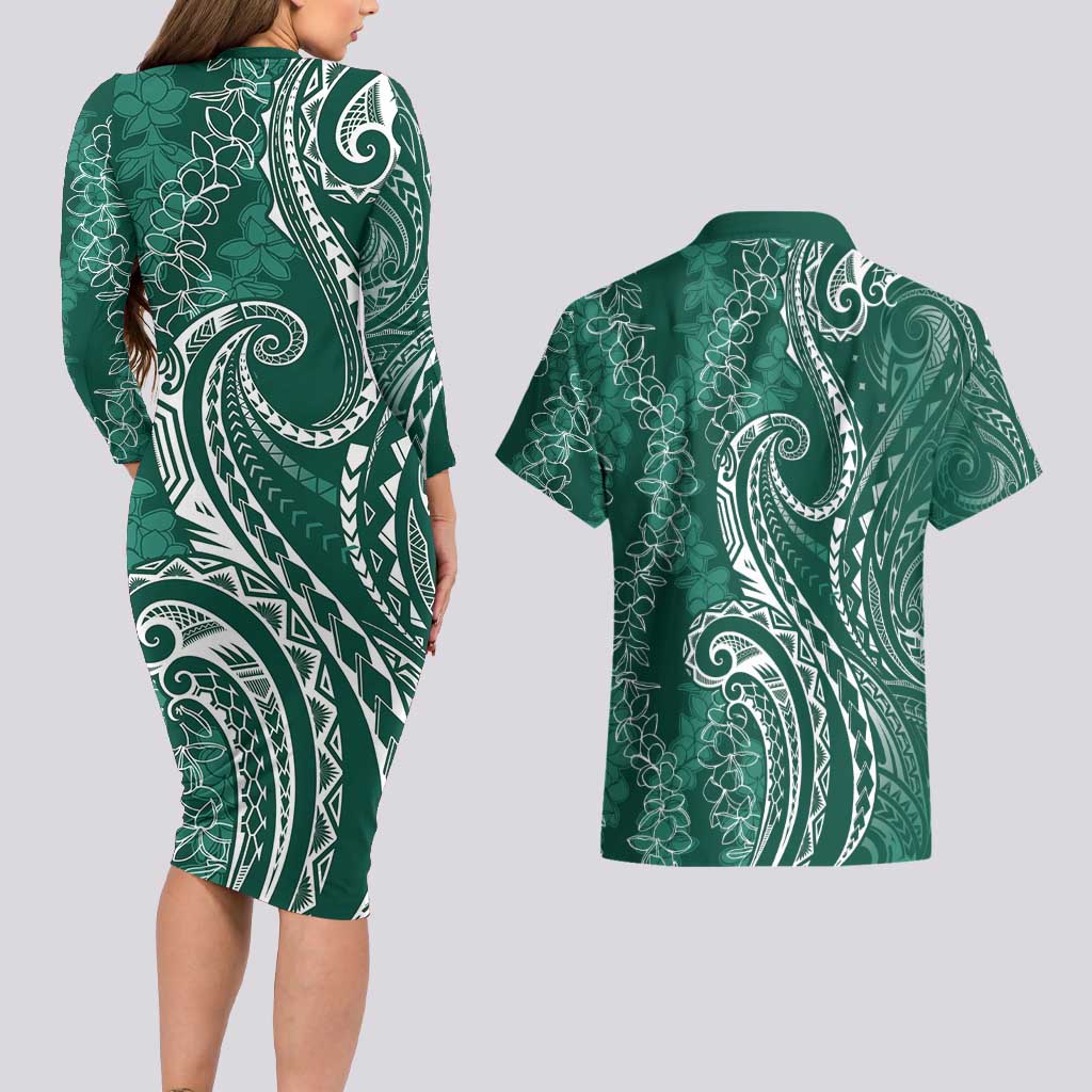 Polynesia Plumeria Lei Couples Matching Long Sleeve Bodycon Dress and Hawaiian Shirt Sage Green Curves Motif LT7 - Polynesian Pride
