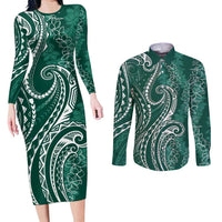 Polynesia Plumeria Lei Couples Matching Long Sleeve Bodycon Dress and Long Sleeve Button Shirt Sage Green Curves Motif LT7 Dark Green - Polynesian Pride