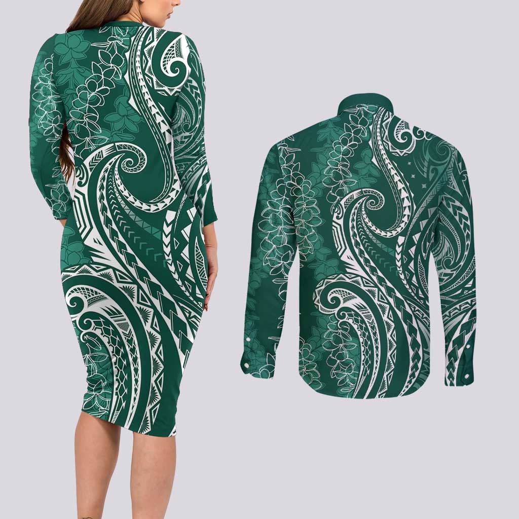 Polynesia Plumeria Lei Couples Matching Long Sleeve Bodycon Dress and Long Sleeve Button Shirt Sage Green Curves Motif LT7 - Polynesian Pride