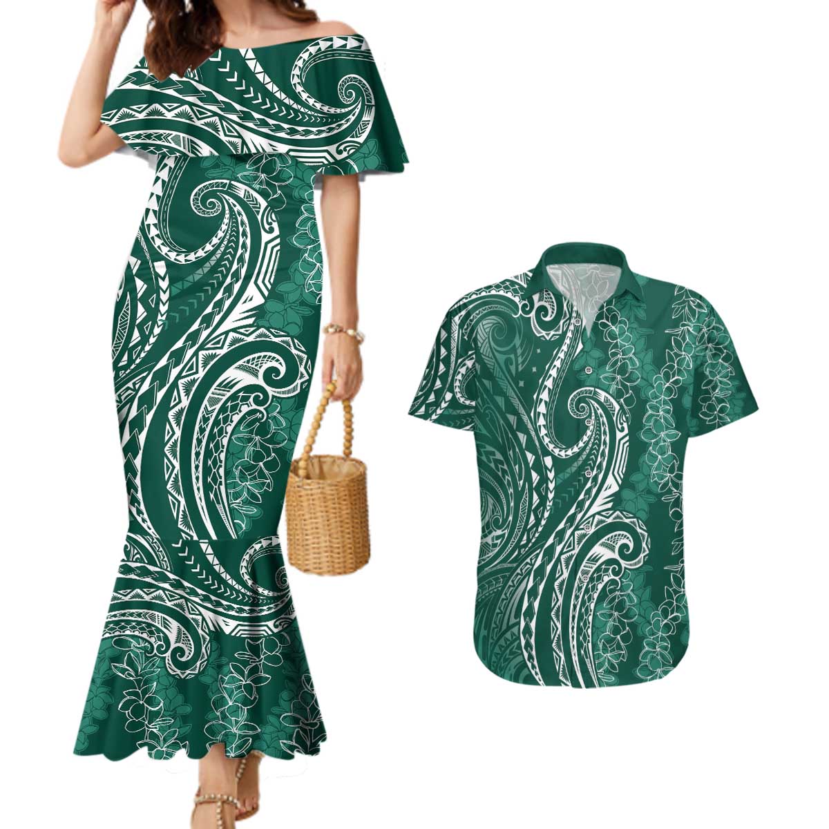 Polynesia Plumeria Lei Couples Matching Mermaid Dress and Hawaiian Shirt Sage Green Curves Motif LT7 Dark Green - Polynesian Pride