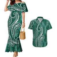 Polynesia Plumeria Lei Couples Matching Mermaid Dress and Hawaiian Shirt Sage Green Curves Motif LT7 Dark Green - Polynesian Pride
