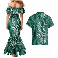 Polynesia Plumeria Lei Couples Matching Mermaid Dress and Hawaiian Shirt Sage Green Curves Motif LT7 - Polynesian Pride