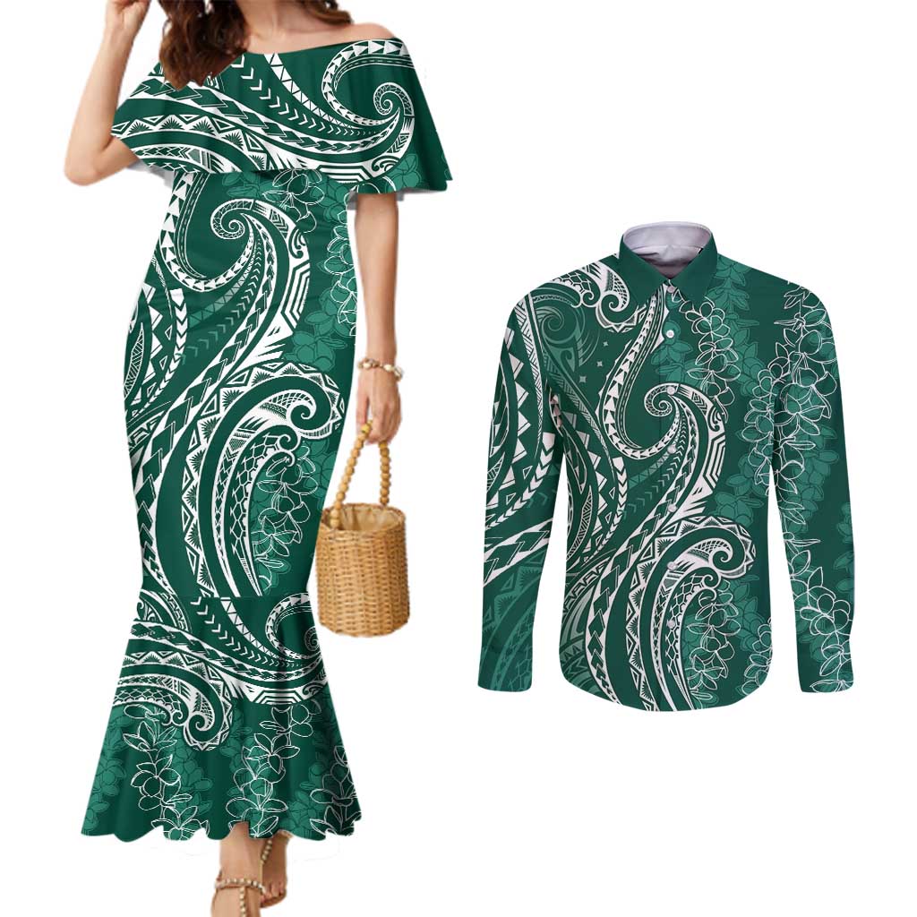 Polynesia Plumeria Lei Couples Matching Mermaid Dress and Long Sleeve Button Shirt Sage Green Curves Motif LT7 Dark Green - Polynesian Pride