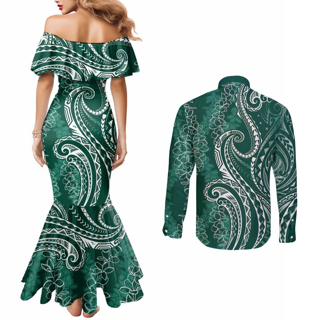 Polynesia Plumeria Lei Couples Matching Mermaid Dress and Long Sleeve Button Shirt Sage Green Curves Motif LT7 - Polynesian Pride