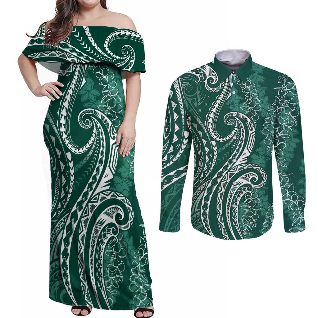 Polynesia Plumeria Lei Couples Matching Off Shoulder Maxi Dress and Long Sleeve Button Shirt Sage Green Curves Motif
