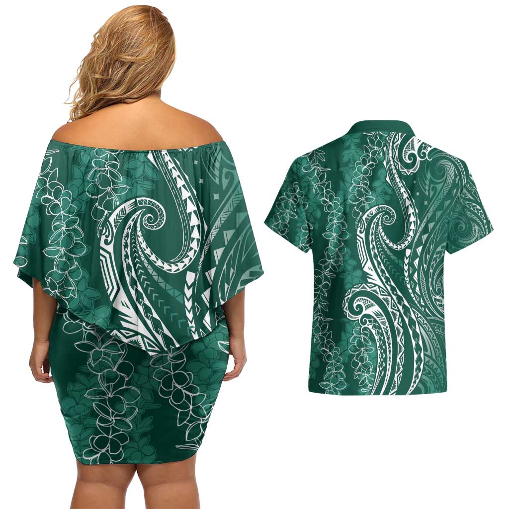 Polynesia Plumeria Lei Couples Matching Off Shoulder Short Dress and Hawaiian Shirt Sage Green Curves Motif LT7 - Polynesian Pride