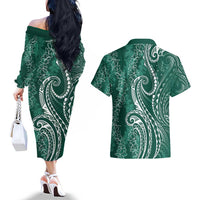 Polynesia Plumeria Lei Couples Matching Off The Shoulder Long Sleeve Dress and Hawaiian Shirt Sage Green Curves Motif LT7 - Polynesian Pride