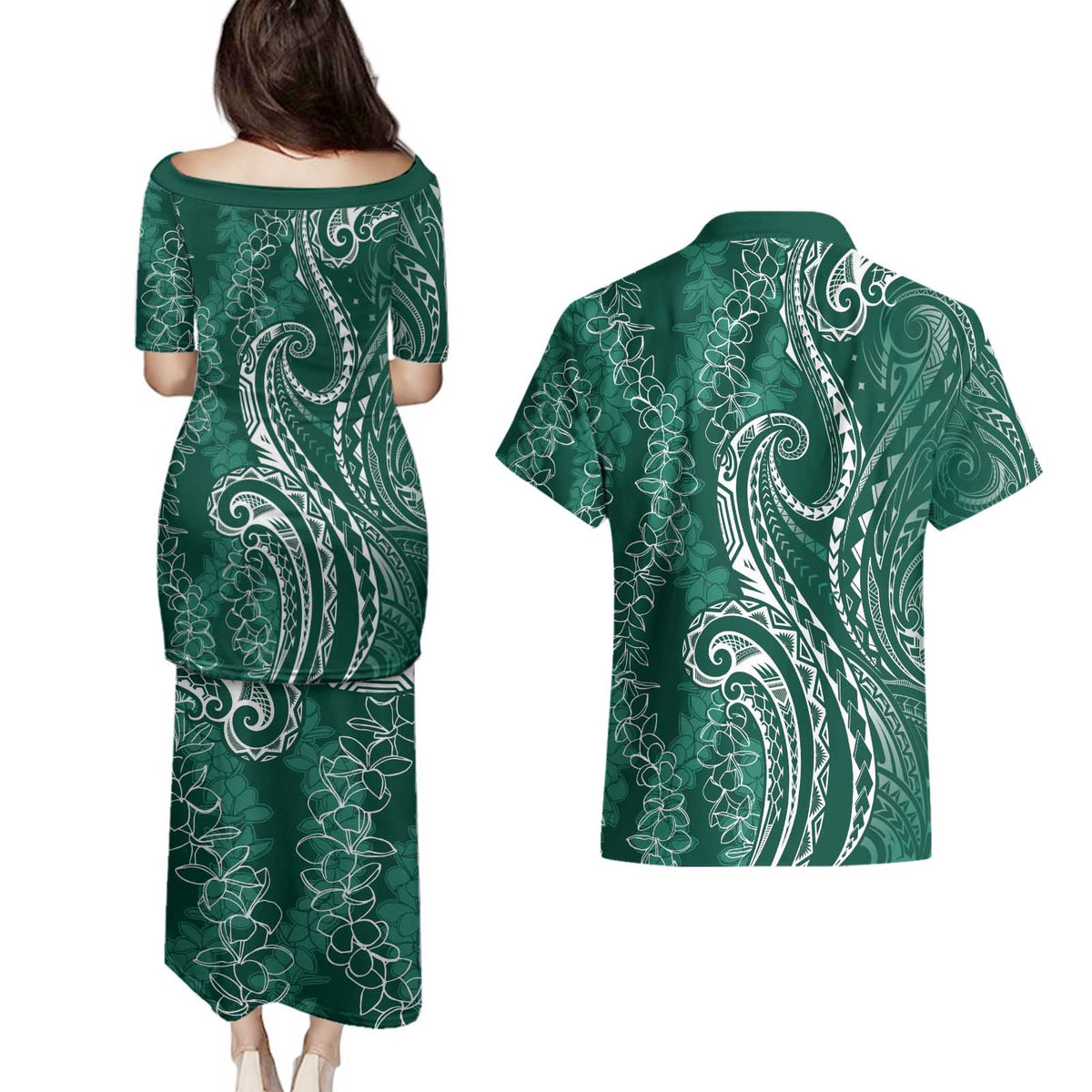 Polynesia Plumeria Lei Couples Matching Puletasi and Hawaiian Shirt Sage Green Curves Motif