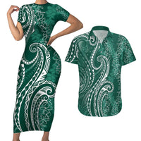 Polynesia Plumeria Lei Couples Matching Short Sleeve Bodycon Dress and Hawaiian Shirt Sage Green Curves Motif LT7 Dark Green - Polynesian Pride
