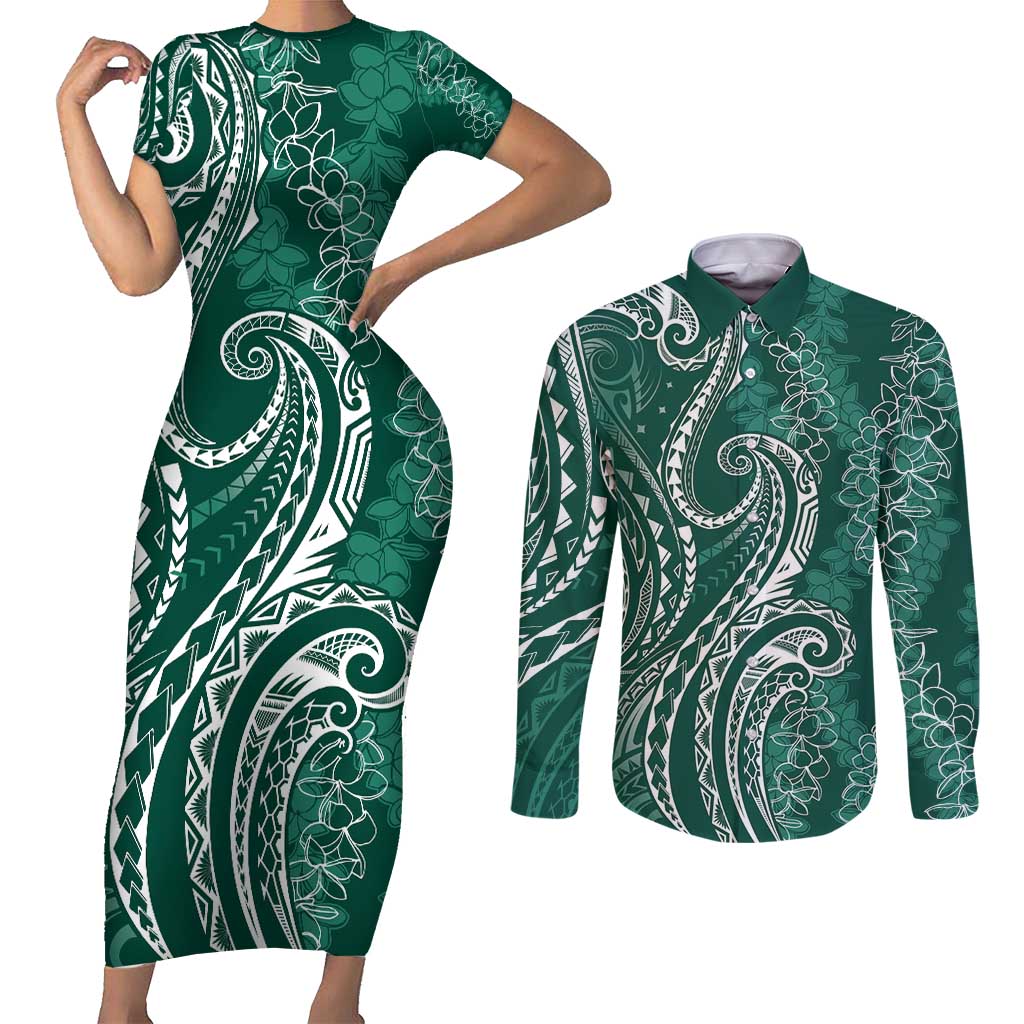 Polynesia Plumeria Lei Couples Matching Short Sleeve Bodycon Dress and Long Sleeve Button Shirt Sage Green Curves Motif LT7 Dark Green - Polynesian Pride