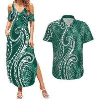 Polynesia Plumeria Lei Couples Matching Summer Maxi Dress and Hawaiian Shirt Sage Green Curves Motif LT7 Dark Green - Polynesian Pride