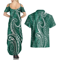 Polynesia Plumeria Lei Couples Matching Summer Maxi Dress and Hawaiian Shirt Sage Green Curves Motif LT7 - Polynesian Pride