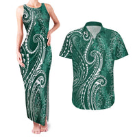 Polynesia Plumeria Lei Couples Matching Tank Maxi Dress and Hawaiian Shirt Sage Green Curves Motif LT7 Dark Green - Polynesian Pride
