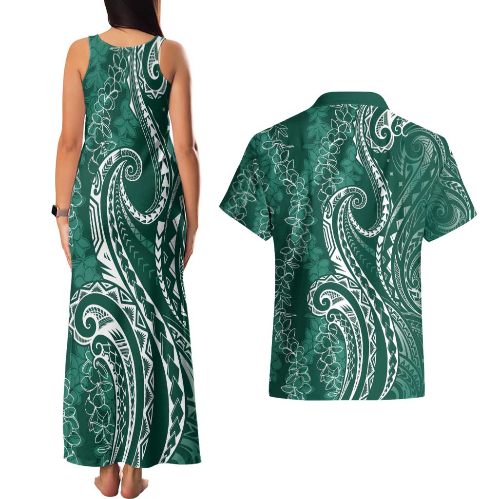 Polynesia Plumeria Lei Couples Matching Tank Maxi Dress and Hawaiian Shirt Sage Green Curves Motif LT7 - Polynesian Pride