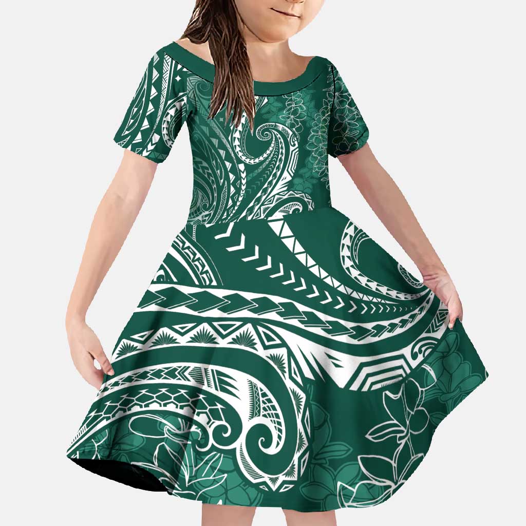 Polynesia Plumeria Lei Family Matching Long Sleeve Bodycon Dress and Hawaiian Shirt Sage Green Curves Motif LT7 Daughter's Dress Dark Green - Polynesian Pride