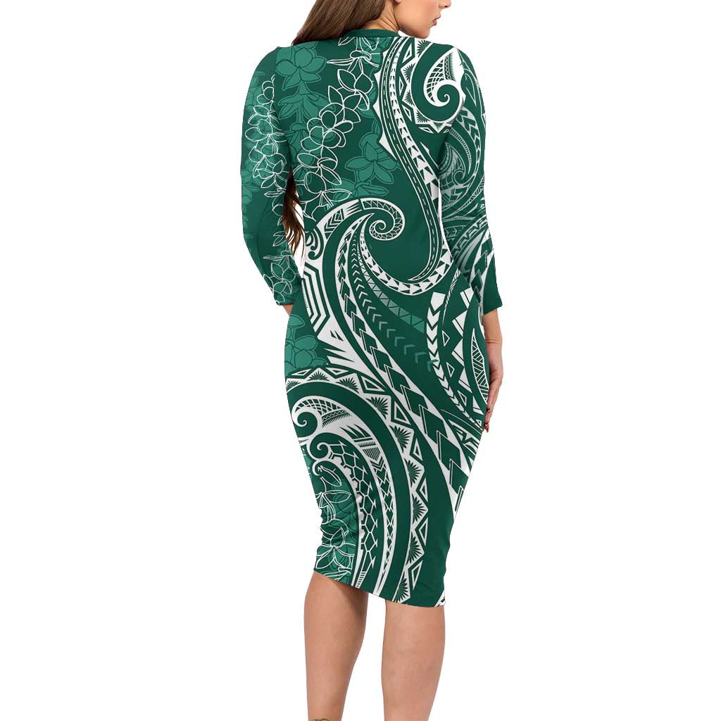 Polynesia Plumeria Lei Family Matching Long Sleeve Bodycon Dress and Hawaiian Shirt Sage Green Curves Motif LT7 - Polynesian Pride