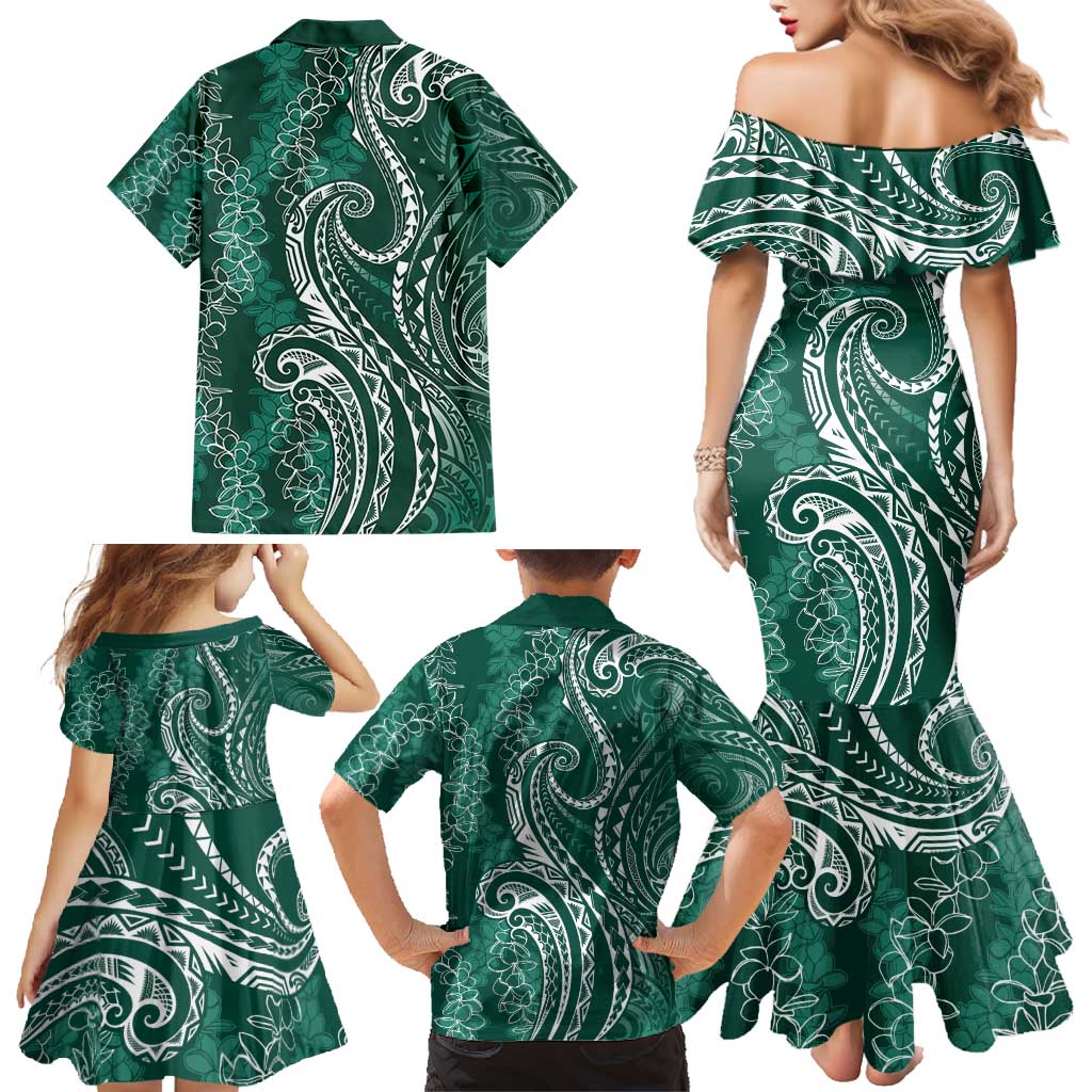 Polynesia Plumeria Lei Family Matching Mermaid Dress and Hawaiian Shirt Sage Green Curves Motif LT7 - Polynesian Pride