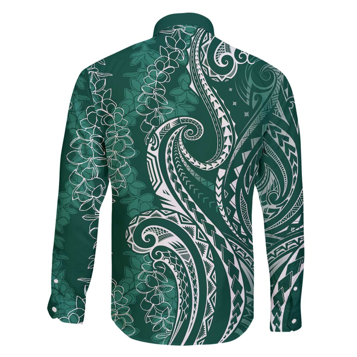 Polynesia Plumeria Lei Family Matching Off The Shoulder Long Sleeve Dress and Hawaiian Shirt Sage Green Curves Motif LT7 - Polynesian Pride