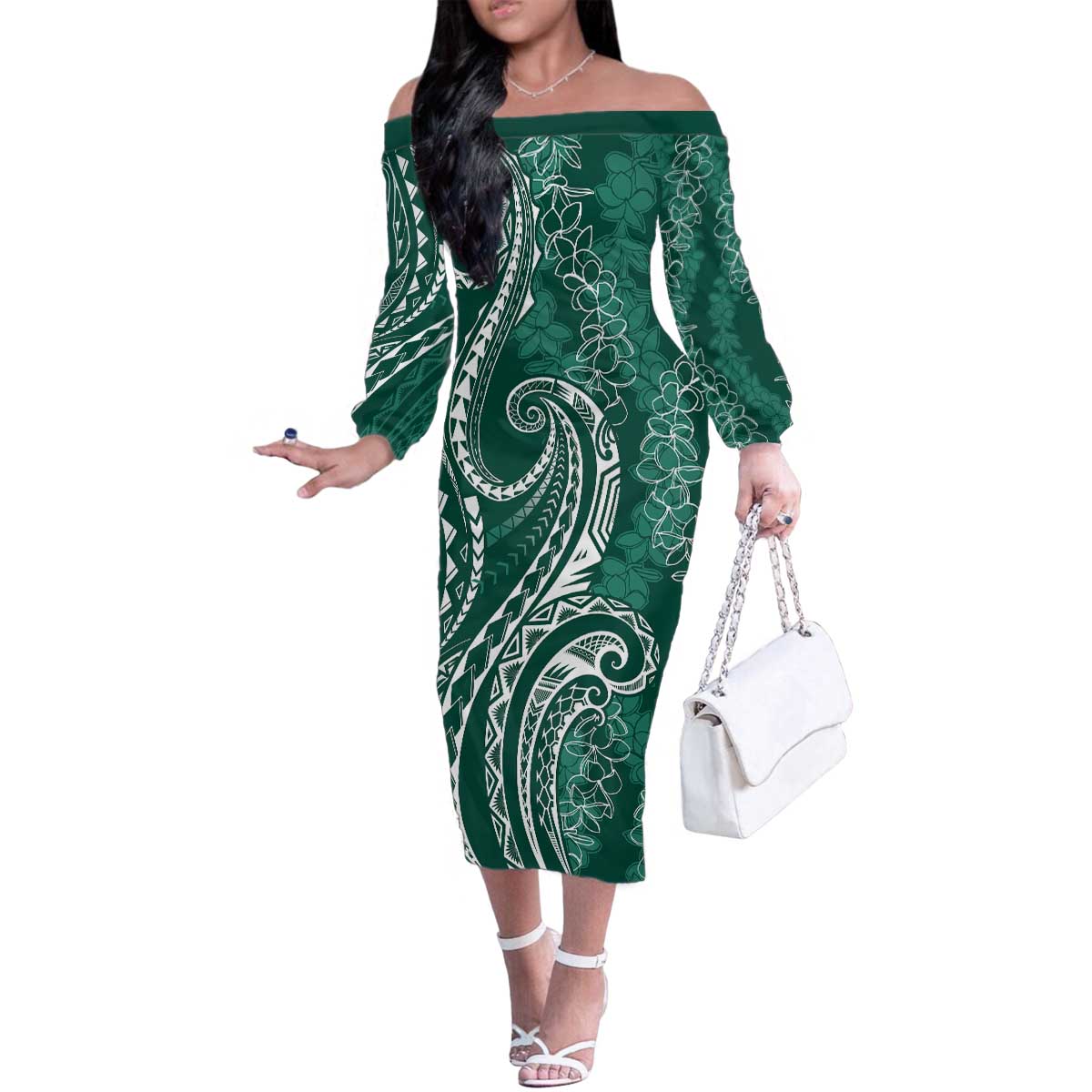 Polynesia Plumeria Lei Family Matching Off The Shoulder Long Sleeve Dress and Hawaiian Shirt Sage Green Curves Motif LT7 Mom's Dress Dark Green - Polynesian Pride