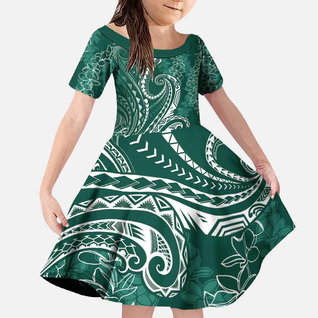 Polynesia Plumeria Lei Family Matching Off Shoulder Maxi Dress and Hawaiian Shirt Sage Green Curves Motif LT7 Daughter's Dress Dark Green - Polynesian Pride