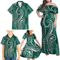 Polynesia Plumeria Lei Family Matching Off Shoulder Maxi Dress and Hawaiian Shirt Sage Green Curves Motif LT7 - Polynesian Pride