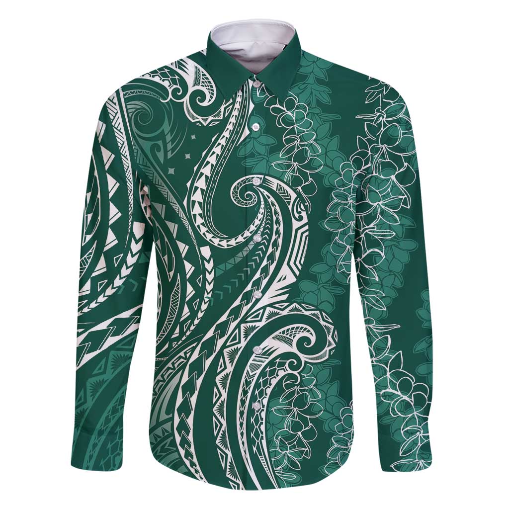 Polynesia Plumeria Lei Family Matching Off Shoulder Maxi Dress and Hawaiian Shirt Sage Green Curves Motif LT7 Dad's Shirt - Long Sleeve Dark Green - Polynesian Pride