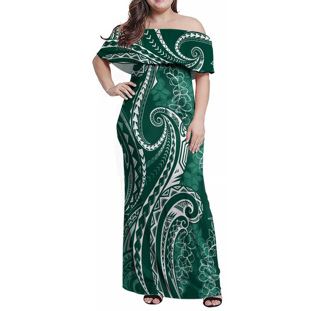 Polynesia Plumeria Lei Family Matching Off Shoulder Maxi Dress and Hawaiian Shirt Sage Green Curves Motif LT7 Mom's Dress Dark Green - Polynesian Pride