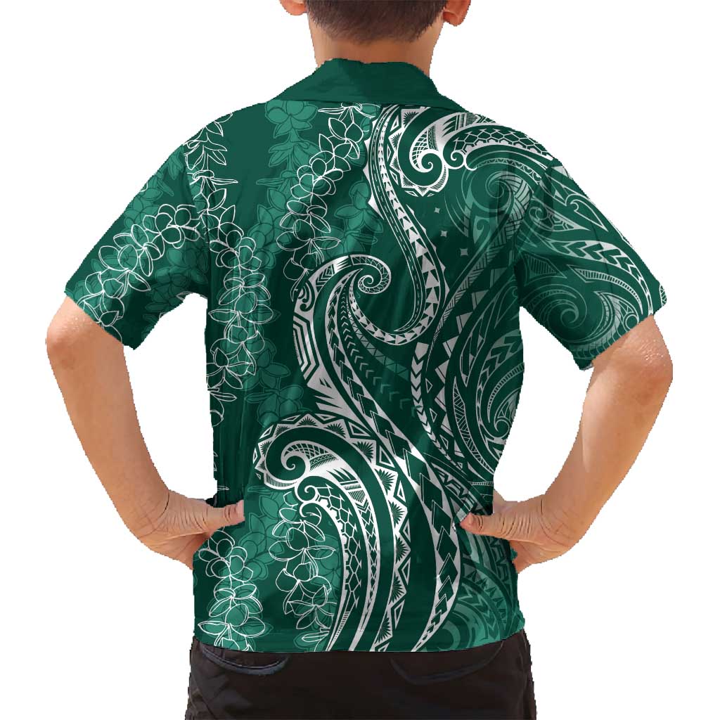 Polynesia Plumeria Lei Family Matching Off Shoulder Short Dress and Hawaiian Shirt Sage Green Curves Motif LT7 - Polynesian Pride
