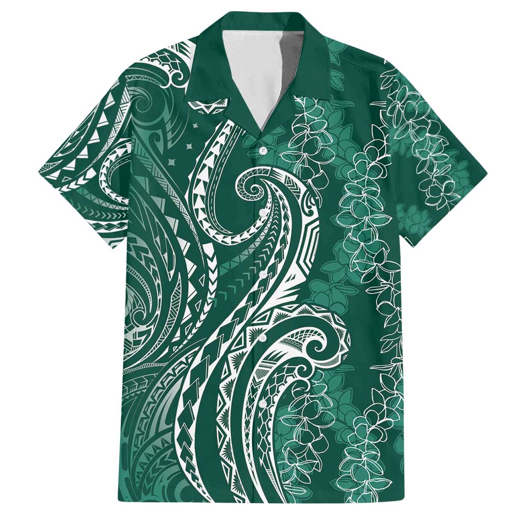 Polynesia Plumeria Lei Family Matching Off Shoulder Short Dress and Hawaiian Shirt Sage Green Curves Motif LT7 Dad's Shirt - Short Sleeve Dark Green - Polynesian Pride