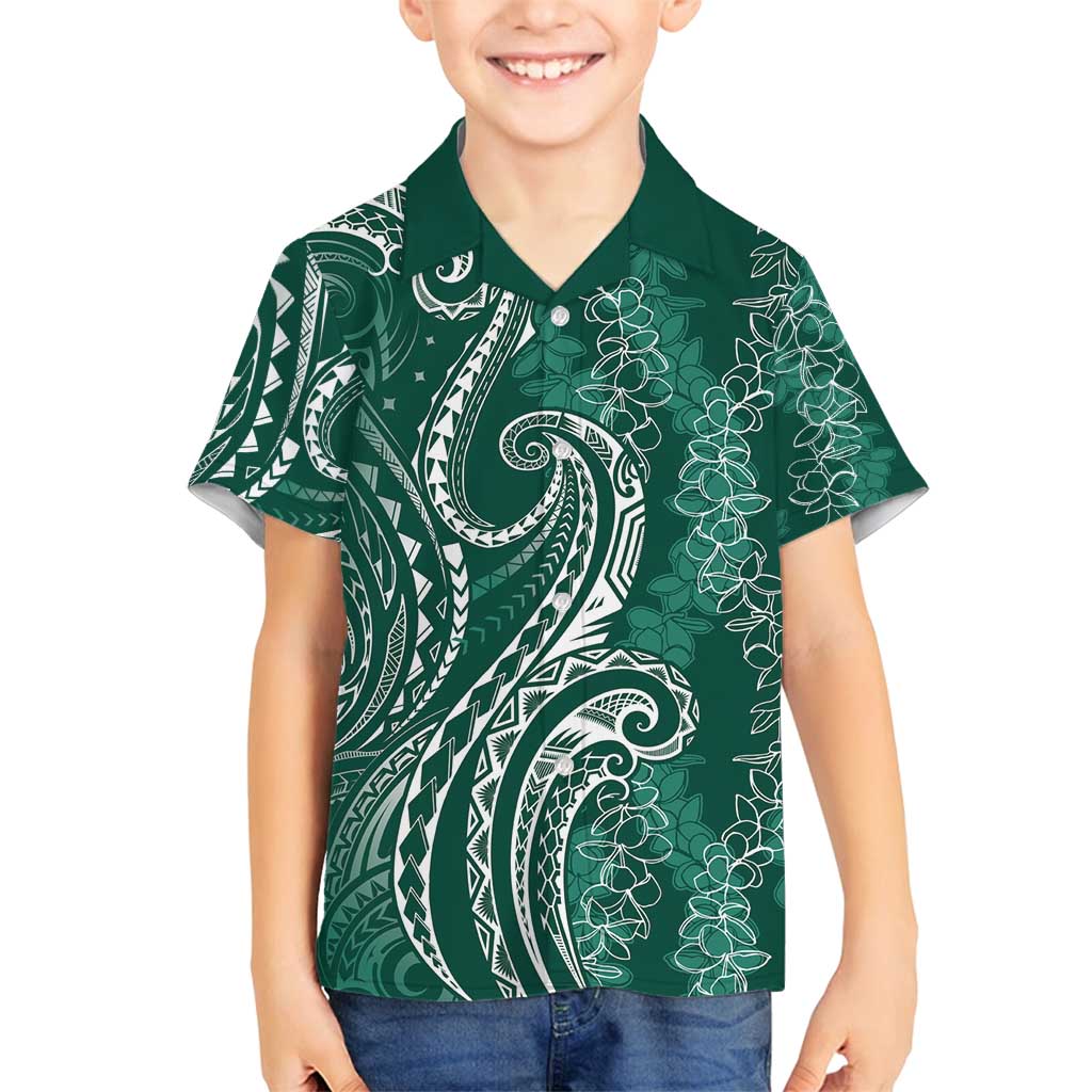 Polynesia Plumeria Lei Family Matching Off Shoulder Short Dress and Hawaiian Shirt Sage Green Curves Motif LT7 Son's Shirt Dark Green - Polynesian Pride