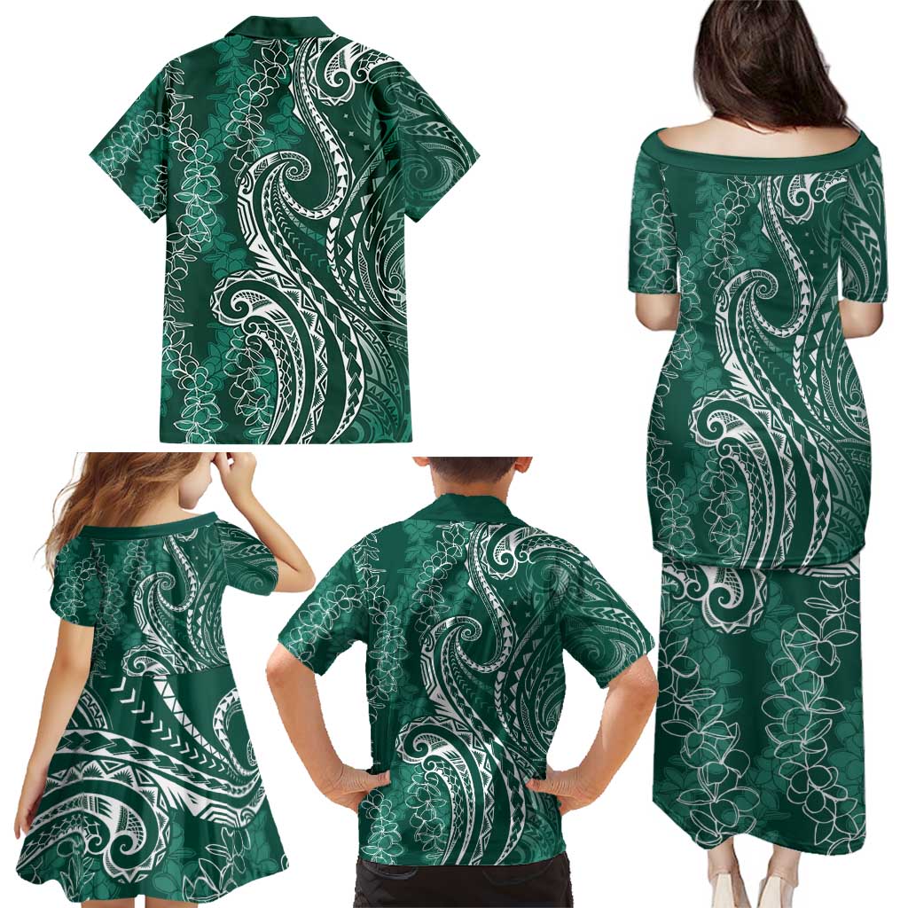 Polynesia Plumeria Lei Family Matching Puletasi and Hawaiian Shirt Sage Green Curves Motif LT7 - Polynesian Pride