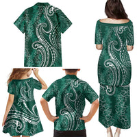 Polynesia Plumeria Lei Family Matching Puletasi and Hawaiian Shirt Sage Green Curves Motif LT7 - Polynesian Pride