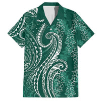 Polynesia Plumeria Lei Family Matching Puletasi and Hawaiian Shirt Sage Green Curves Motif LT7 Dad's Shirt - Short Sleeve Dark Green - Polynesian Pride