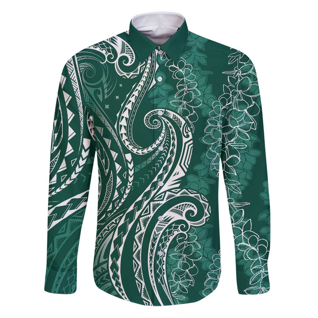 Polynesia Plumeria Lei Family Matching Puletasi and Hawaiian Shirt Sage Green Curves Motif LT7 Dad's Shirt - Long Sleeve Dark Green - Polynesian Pride