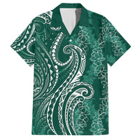Polynesia Plumeria Lei Family Matching Short Sleeve Bodycon Dress and Hawaiian Shirt Sage Green Curves Motif LT7 Dad's Shirt - Short Sleeve Dark Green - Polynesian Pride